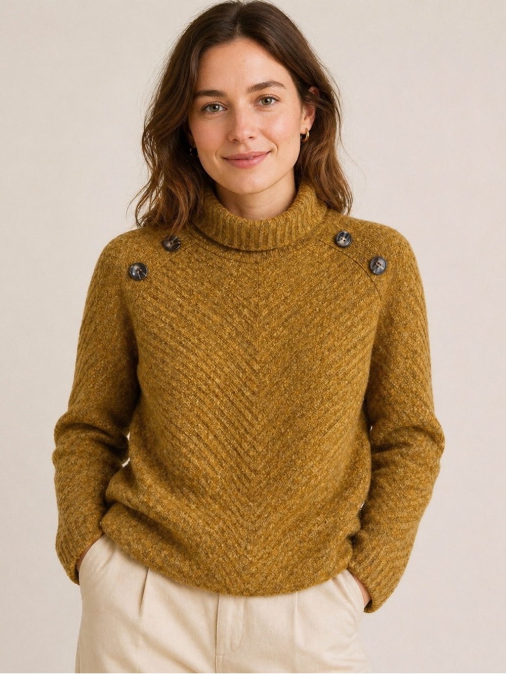 Women’s Mustard Button-Shoulder Turtleneck Pullover